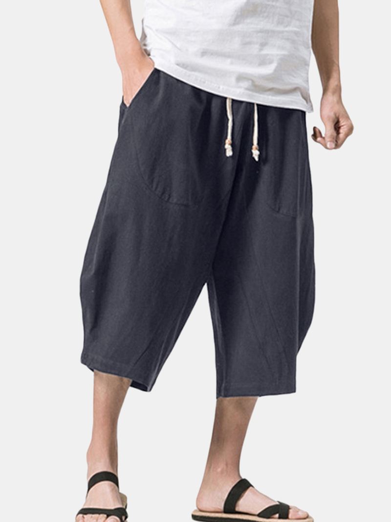 Stilfuld Herre Bomuld Linned Baggy Loose Calf Længde Bukser Antibakterielle Casual Shorts