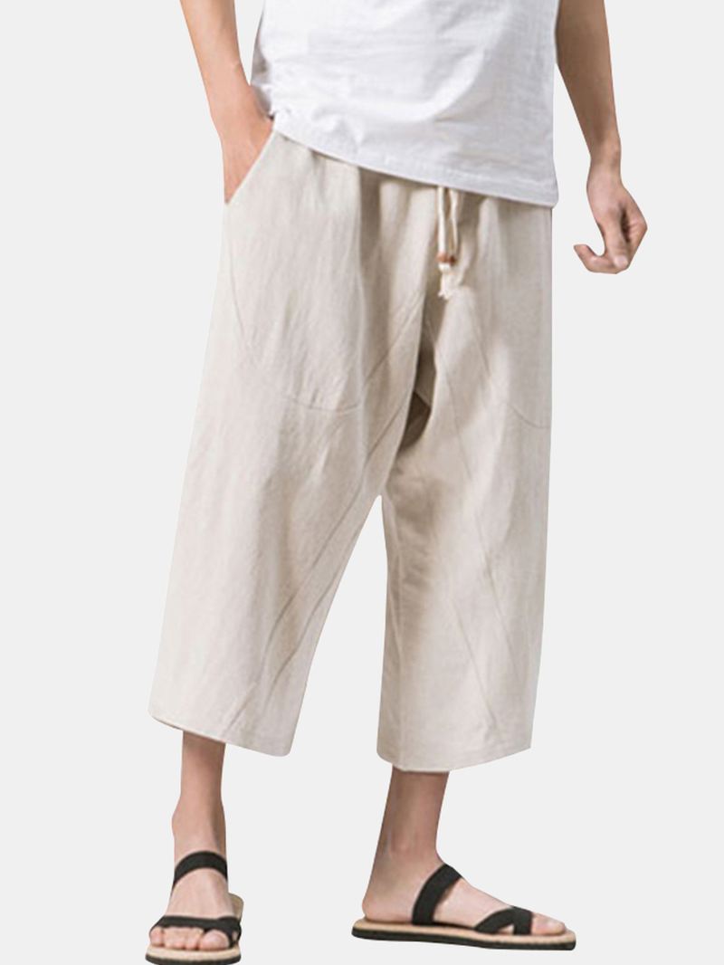 Stilfuld Herre Bomuld Linned Baggy Loose Calf Længde Bukser Antibakterielle Casual Shorts