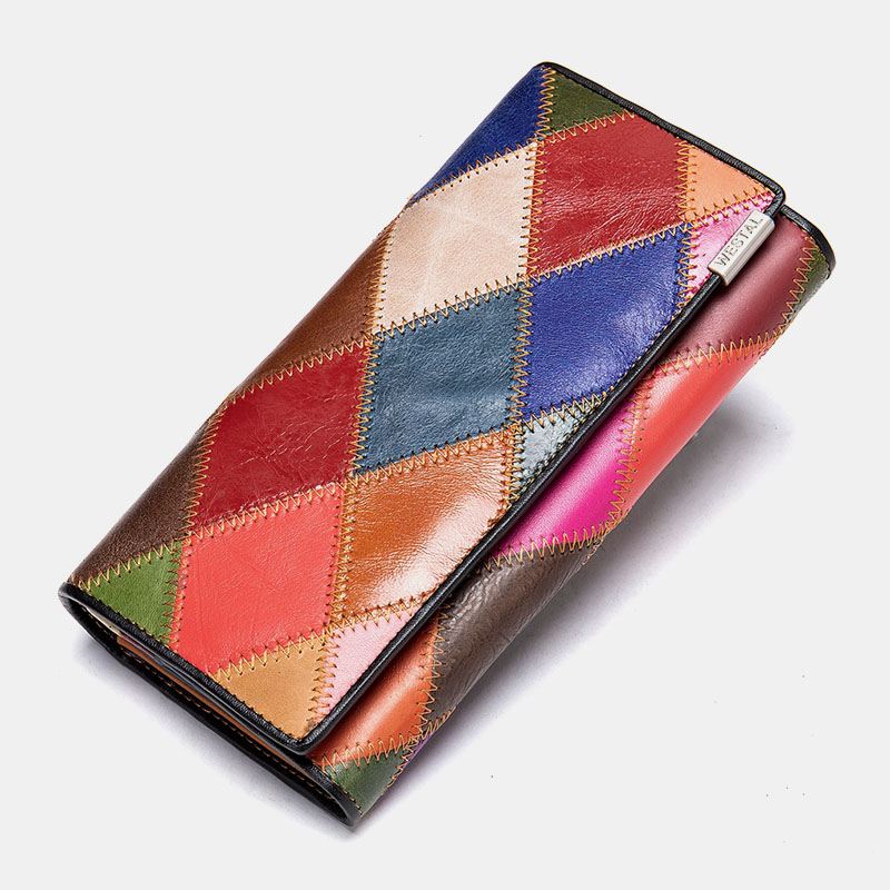 Kvinder Ægte Læder Bifold Farvet Geometrisk Mønster Multi-card Slot Card Case Pengeclips Møntpung Lange Clutch Tegnebøger