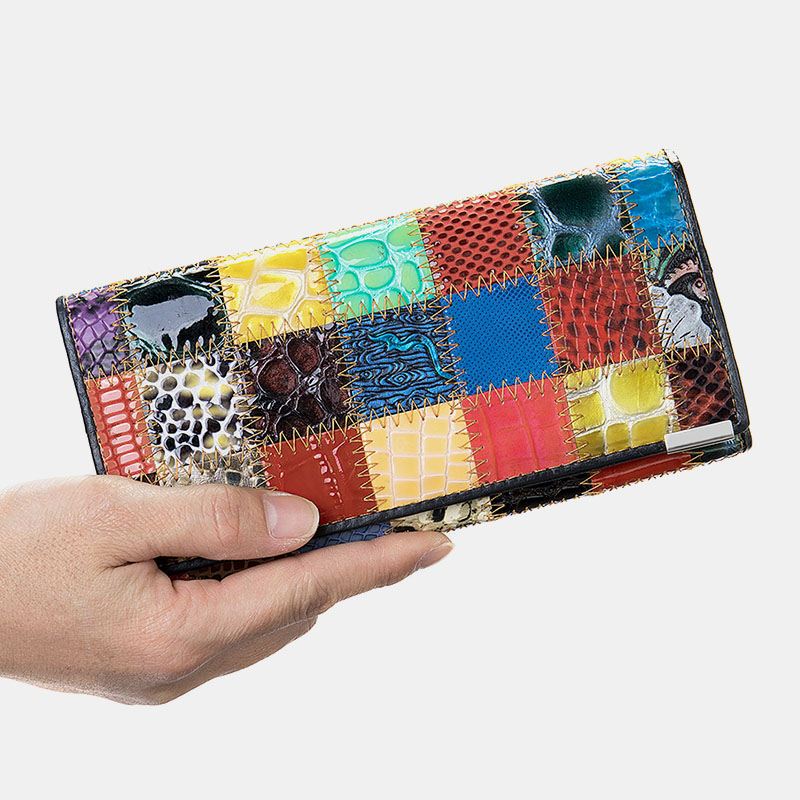 Kvinder Ægte Læder Bifold Farvet Geometrisk Mønster Multi-card Slot Card Case Pengeclips Møntpung Lange Clutch Tegnebøger