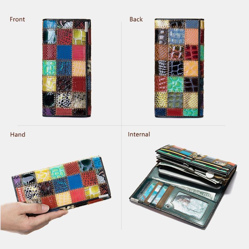 Kvinder Ægte Læder Bifold Farvet Geometrisk Mønster Multi-card Slot Card Case Pengeclips Møntpung Lange Clutch Tegnebøger