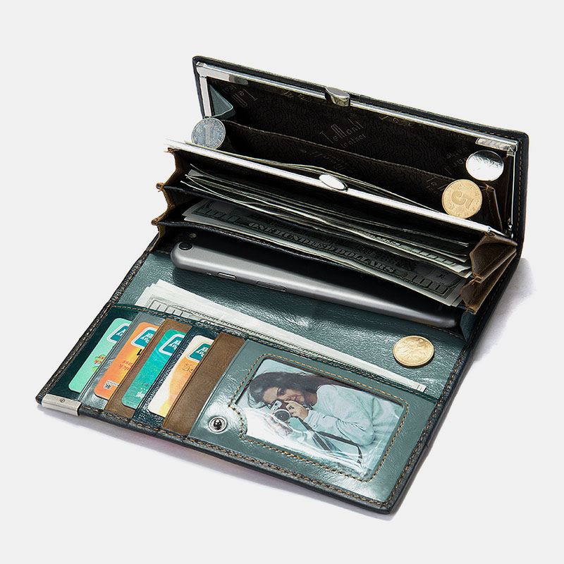 Kvinder Ægte Læder Bifold Farvet Geometrisk Mønster Multi-card Slot Card Case Pengeclips Møntpung Lange Clutch Tegnebøger