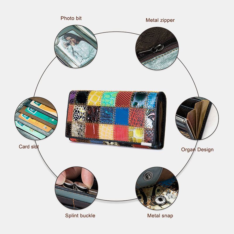 Kvinder Ægte Læder Bifold Farvet Geometrisk Mønster Multi-card Slot Card Case Pengeclips Møntpung Lange Clutch Tegnebøger