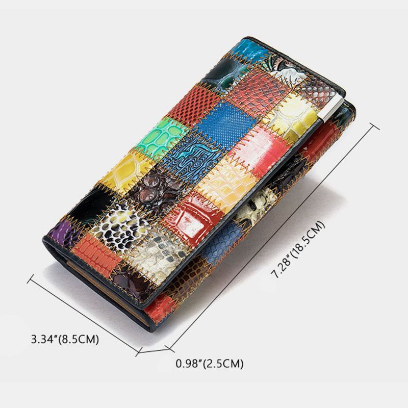 Kvinder Ægte Læder Bifold Farvet Geometrisk Mønster Multi-card Slot Card Case Pengeclips Møntpung Lange Clutch Tegnebøger