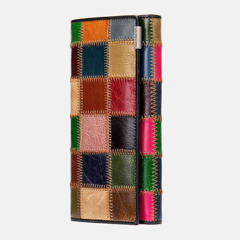 Kvinder Ægte Læder Bifold Farvet Geometrisk Mønster Multi-card Slot Card Case Pengeclips Møntpung Lange Clutch Tegnebøger