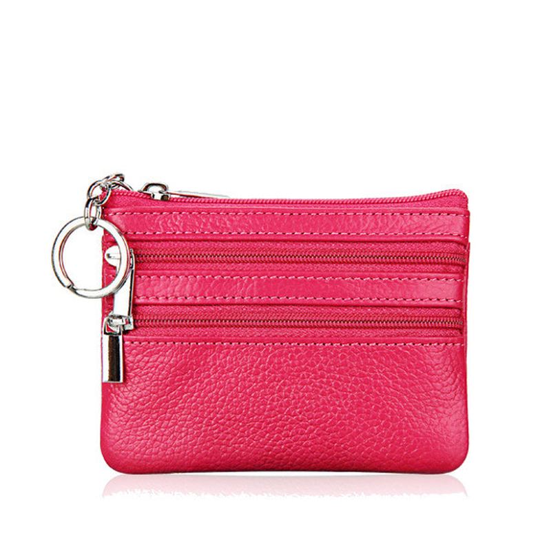 Kvinder Ægte Læder Dobbelt Lynlås Kortholder Clutch Tegnebog Candy Color Møntposer