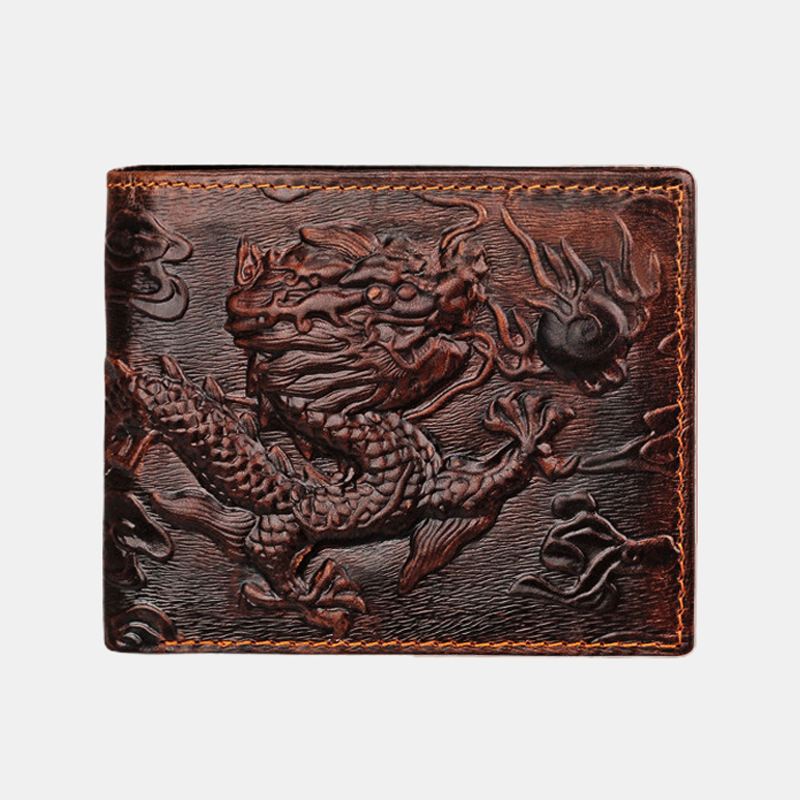 Mænd Ægte Læder 3d Dragon Pattern Retro Business Multi-slot Card Holder Tegnebog