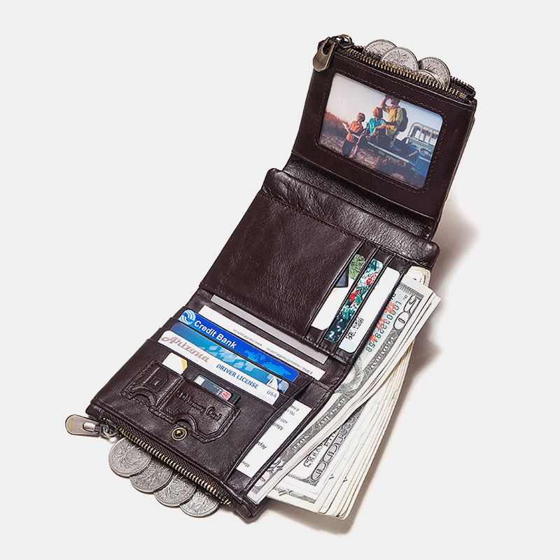 Mænd Ægte Læder Anti-theft Lynlås Multi-slot Card Holder Tegnebog