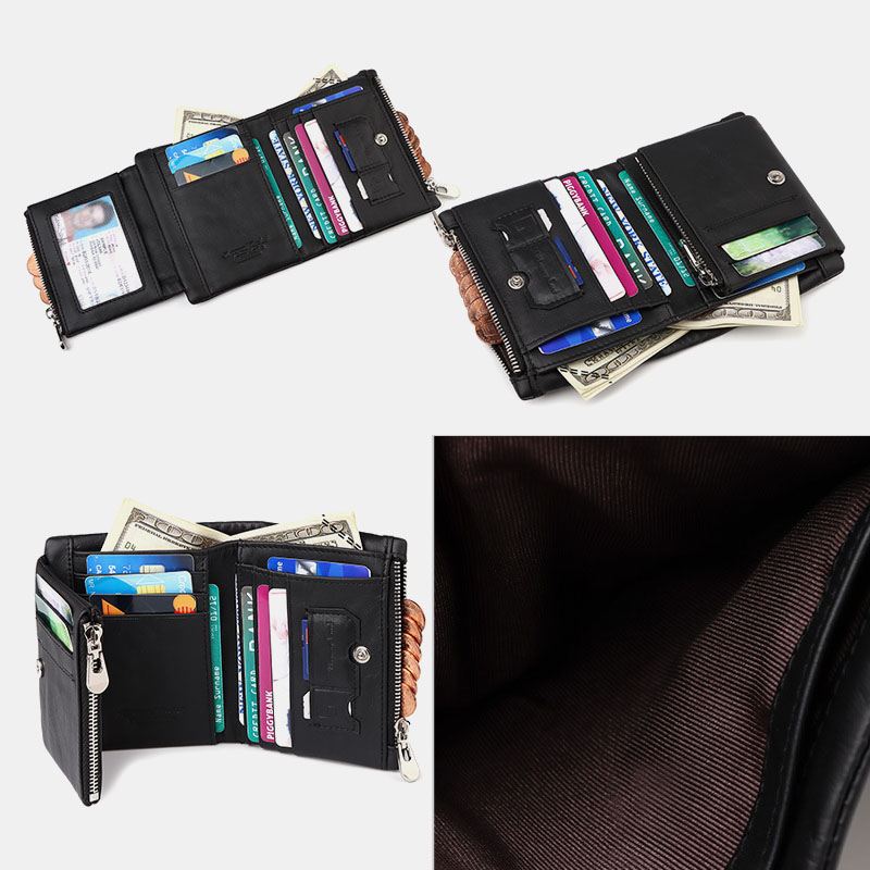 Mænd Ægte Læder Anti-theft Lynlås Multi-slot Card Holder Tegnebog