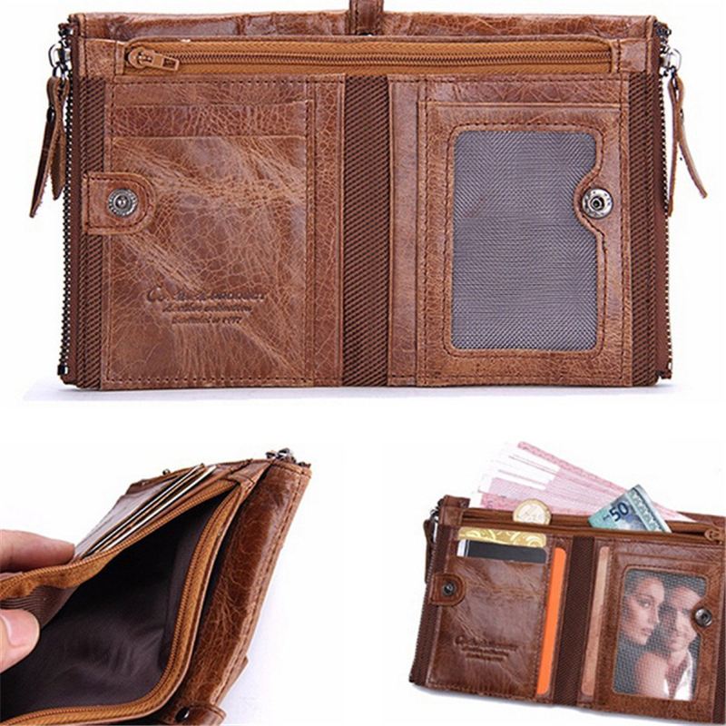 Mænd Ægte Læder Bifold Hasp Multi-card Slot Kortholder Retro Dobbelt Lynlås Lomme Møntpung Kort Penge Clip Tegnebog