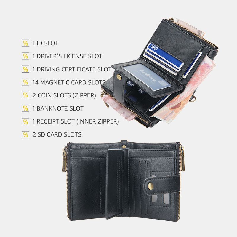 Mænd Pu Læder Kort Bifold Dobbelt Lynlås Multi-card Slot Kortholder Retro Møntpung Pengeclips Tegnebog