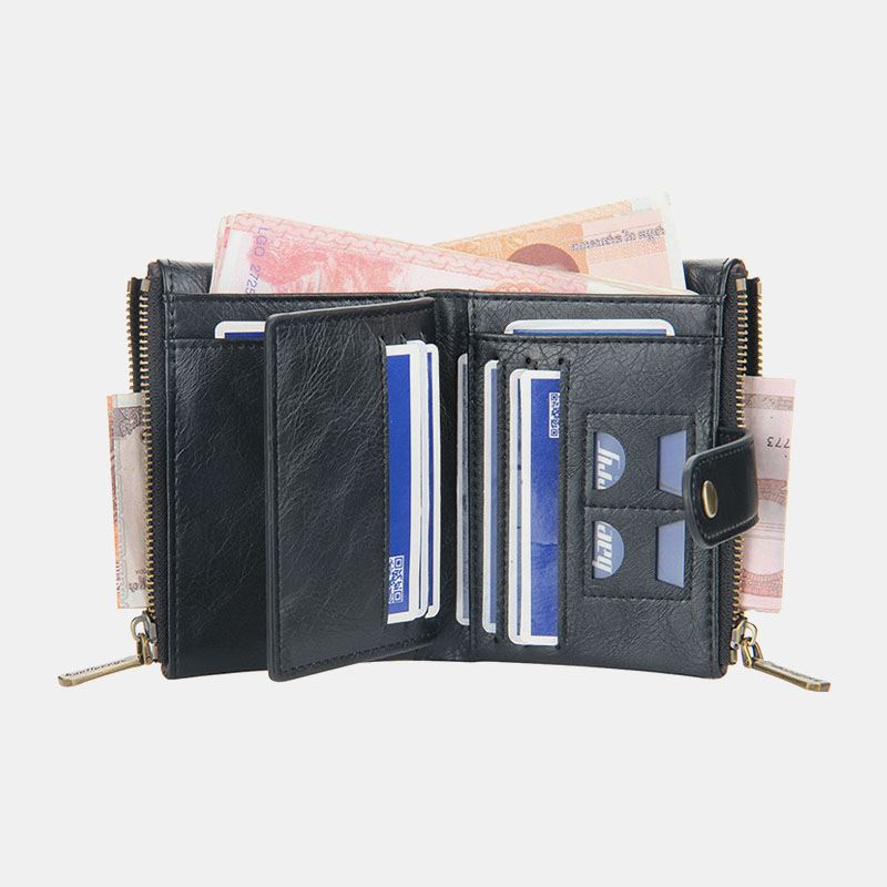 Mænd Pu Læder Kort Bifold Dobbelt Lynlås Multi-card Slot Kortholder Retro Møntpung Pengeclips Tegnebog