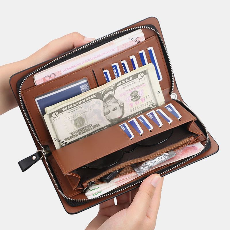 Mænd Pu-læder Stor Kapacitet Multi-card Slot Casual Bærehåndtag Clutch Taske Kortholder Pung