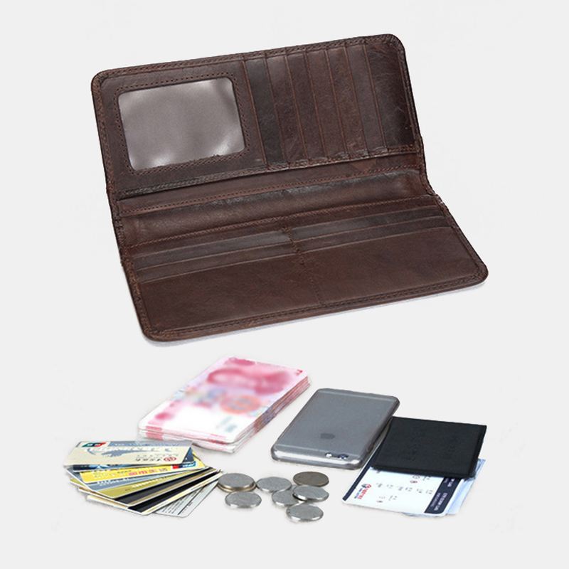 Mænd Retro Lang Bifold Ægte Læder Pung Casual 12 Card Slot Kortholder Pengeclips Clutch Taske