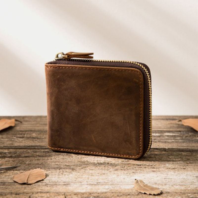 Mænd Vintage Ægte Læder Lynlås Rundt Cardwallet Holder Mønt Taske