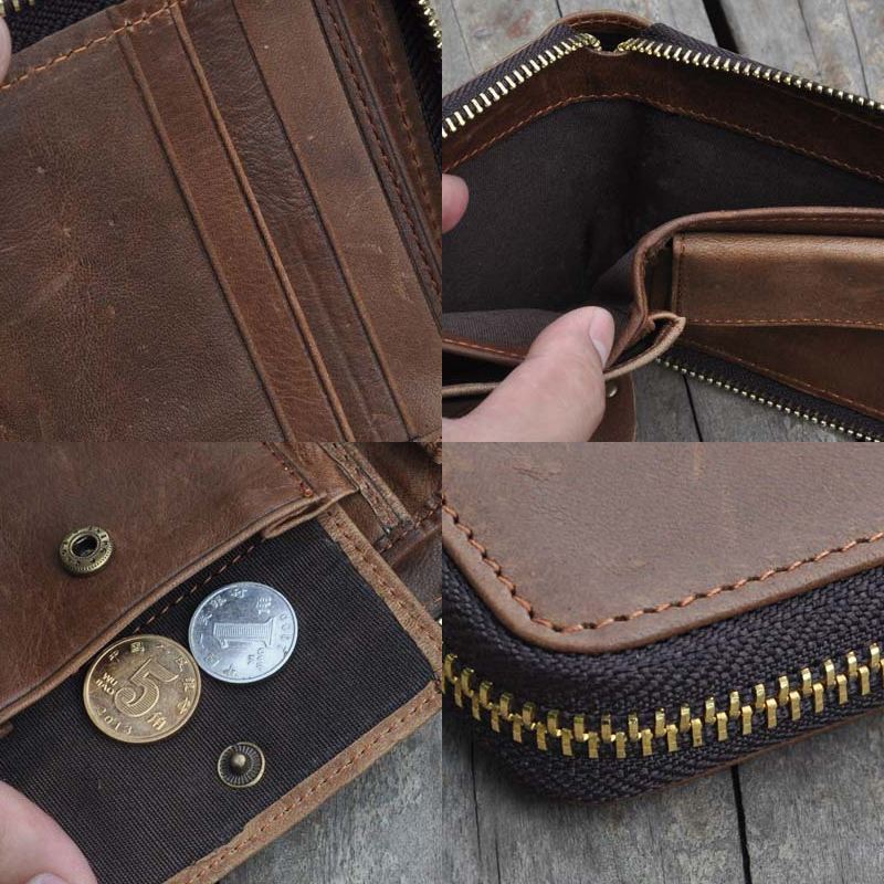 Mænd Vintage Ægte Læder Lynlås Rundt Cardwallet Holder Mønt Taske