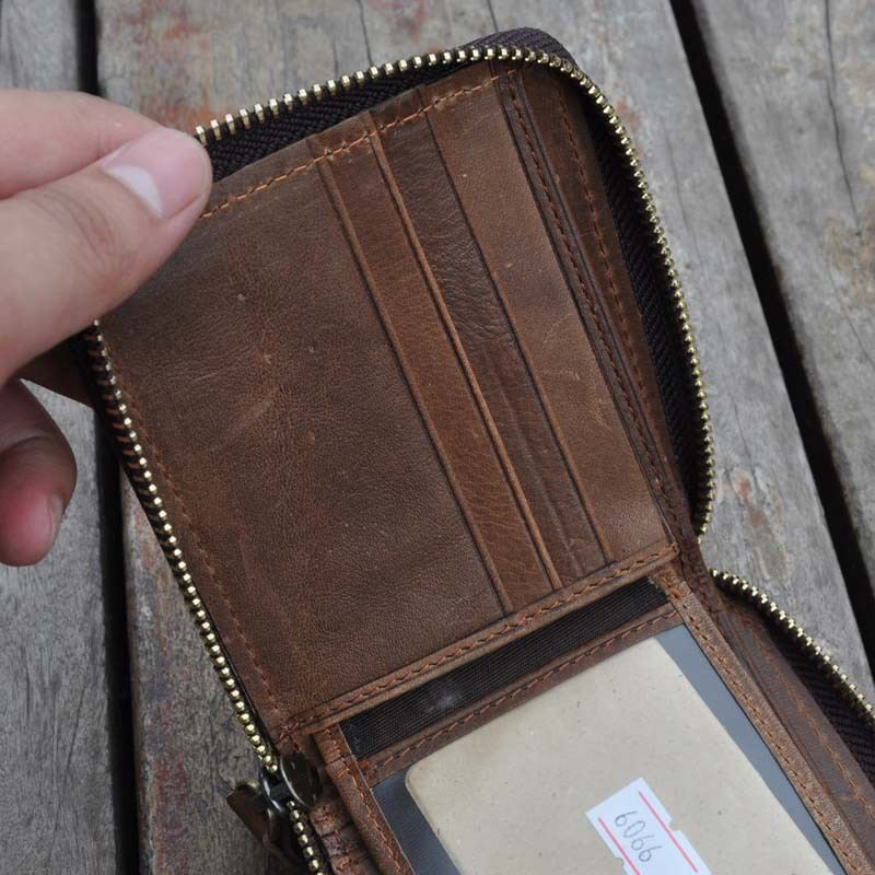 Mænd Vintage Ægte Læder Lynlås Rundt Cardwallet Holder Mønt Taske