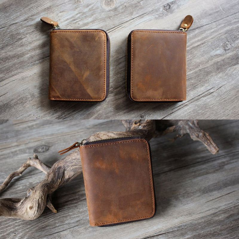 Mænd Vintage Ægte Læder Lynlås Rundt Cardwallet Holder Mønt Taske