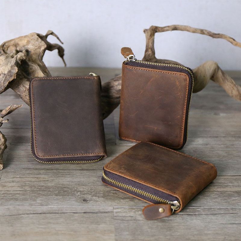 Mænd Vintage Ægte Læder Lynlås Rundt Cardwallet Holder Mønt Taske