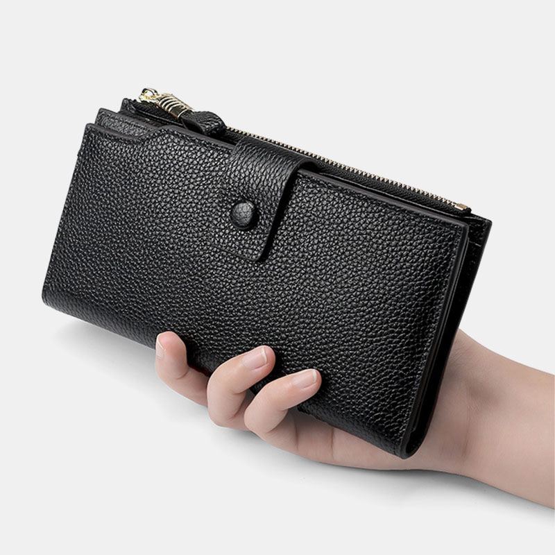 Unisex Ægte Læder Anti-tyveri Litchi Mønster 5.8 Tommer Telefontaske Clutch Pung Multi-slot Kortholder Pung