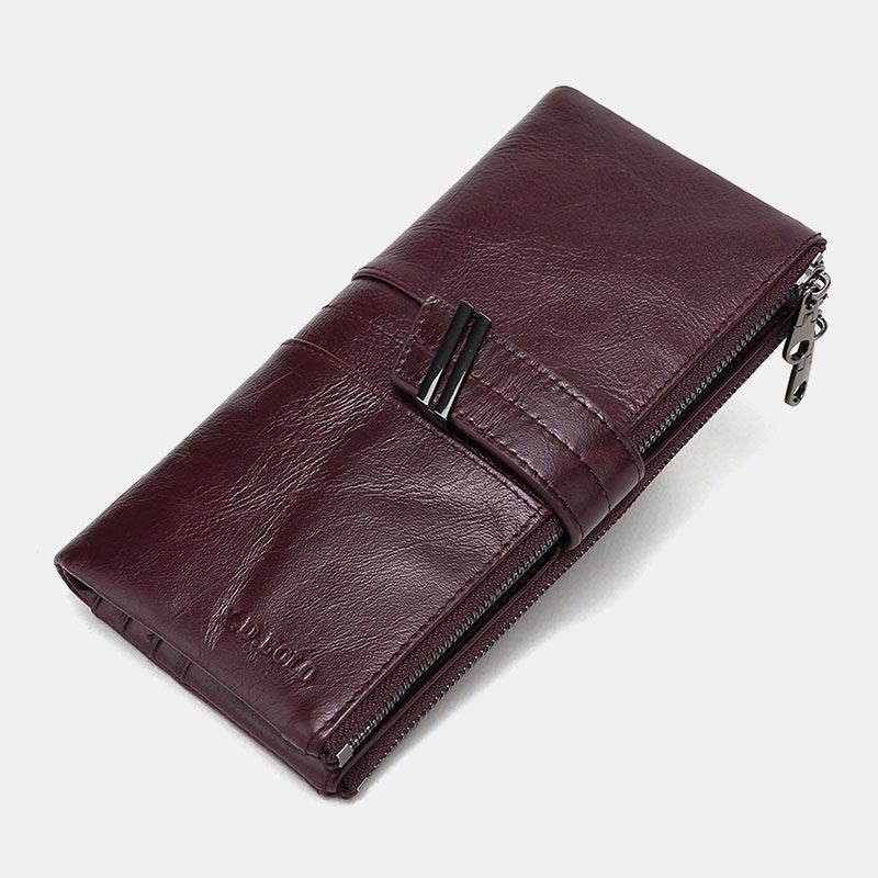 Unisex Ægte Lædervoks Retro Ensfarvet Dobbelt Lynlås Clutch Pung Multi-slot Kortholder Pung