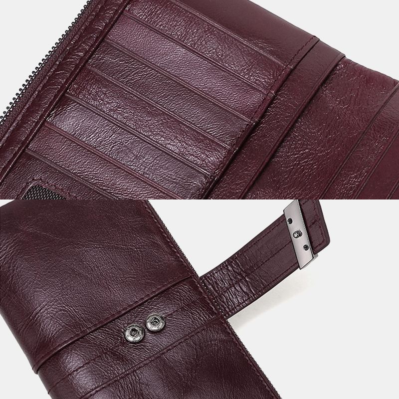 Unisex Ægte Lædervoks Retro Ensfarvet Dobbelt Lynlås Clutch Pung Multi-slot Kortholder Pung