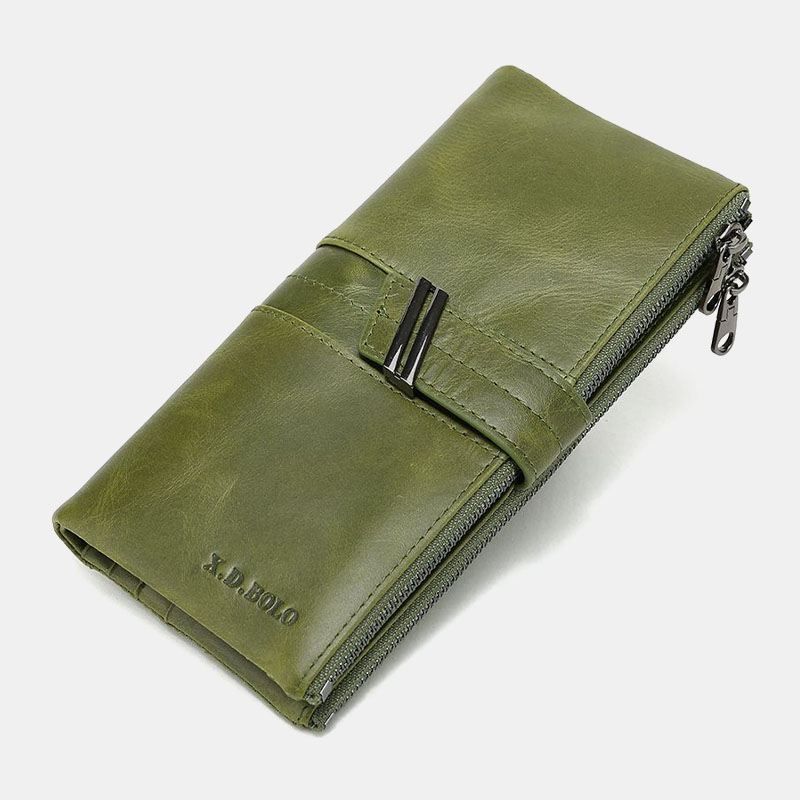 Unisex Ægte Lædervoks Retro Ensfarvet Dobbelt Lynlås Clutch Pung Multi-slot Kortholder Pung