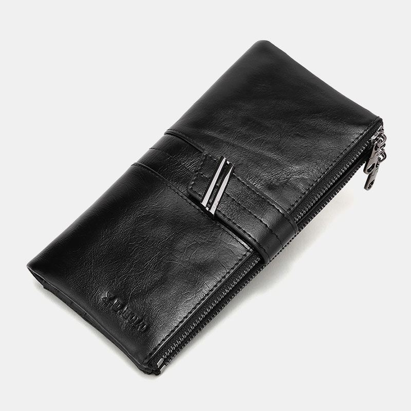 Unisex Ægte Lædervoks Retro Ensfarvet Dobbelt Lynlås Clutch Pung Multi-slot Kortholder Pung