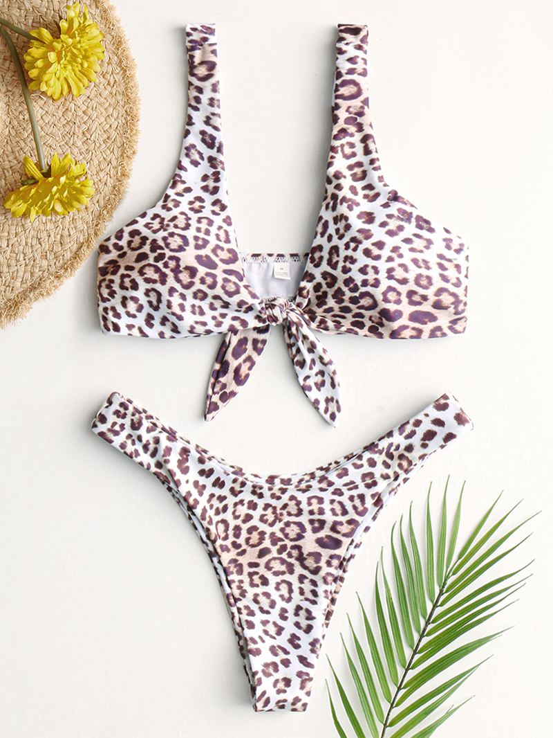 Animal Leopard Printing Tie Front Bred Skulder Rygløs Mid Waist Bikini