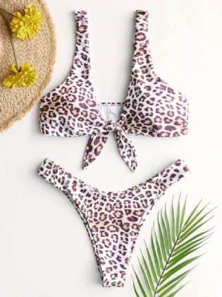 Animal Leopard Printing Tie Front Bred Skulder Rygløs Mid Waist Bikini