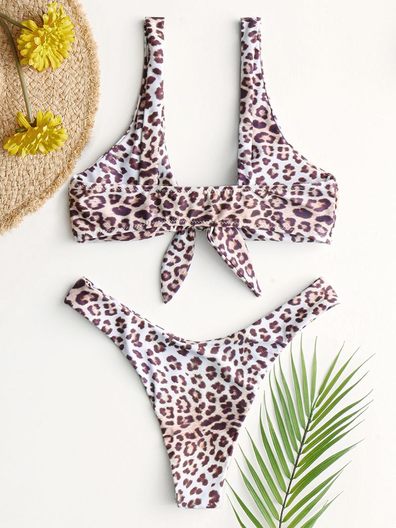 Animal Leopard Printing Tie Front Bred Skulder Rygløs Mid Waist Bikini