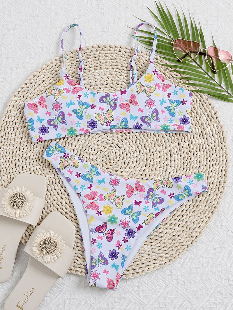 Butterfly Blomsterprint Ærmeløse Justerbare Stropper Strand Badetøj Bikini