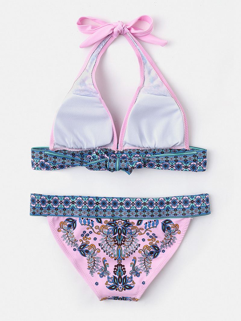 Etnisk Blomsterprint Knotted Halter String Summer Beach Bikini Sæt