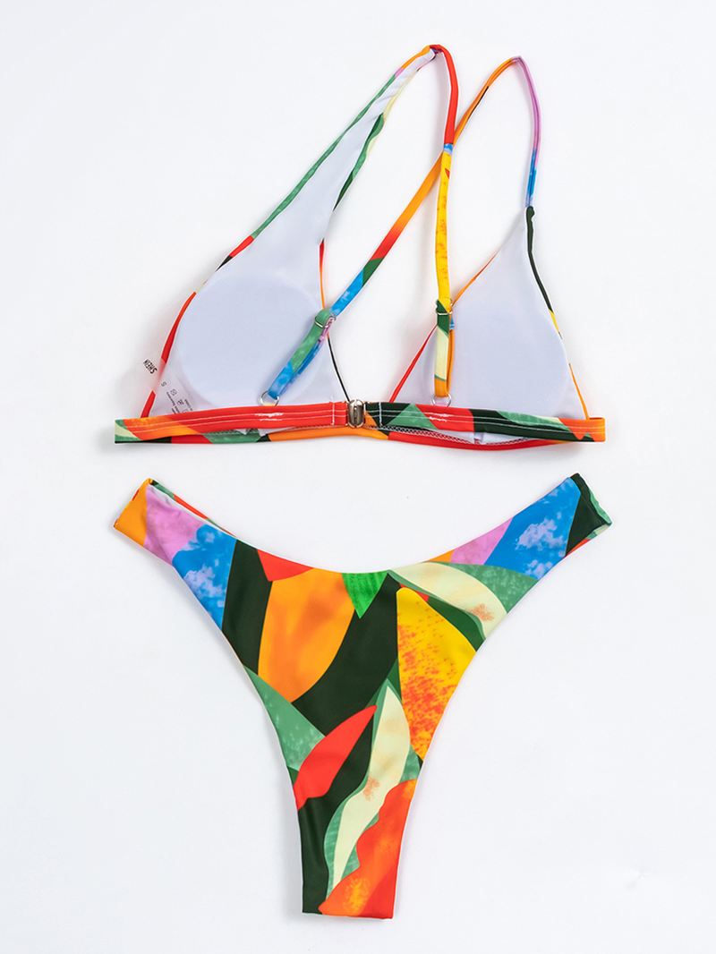 Geometri Mønster Med Tryk Farveblok One Shoulder Criss-cross Hawaii Bikini