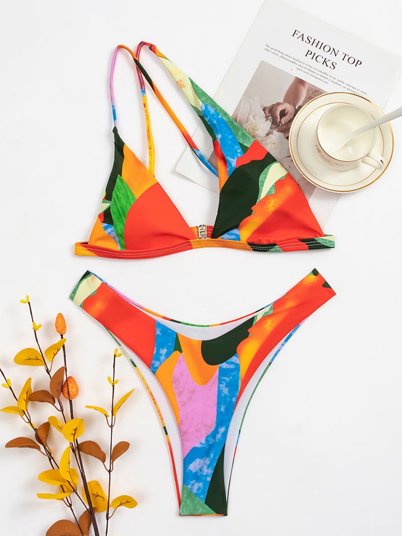 Geometri Mønster Med Tryk Farveblok One Shoulder Criss-cross Hawaii Bikini