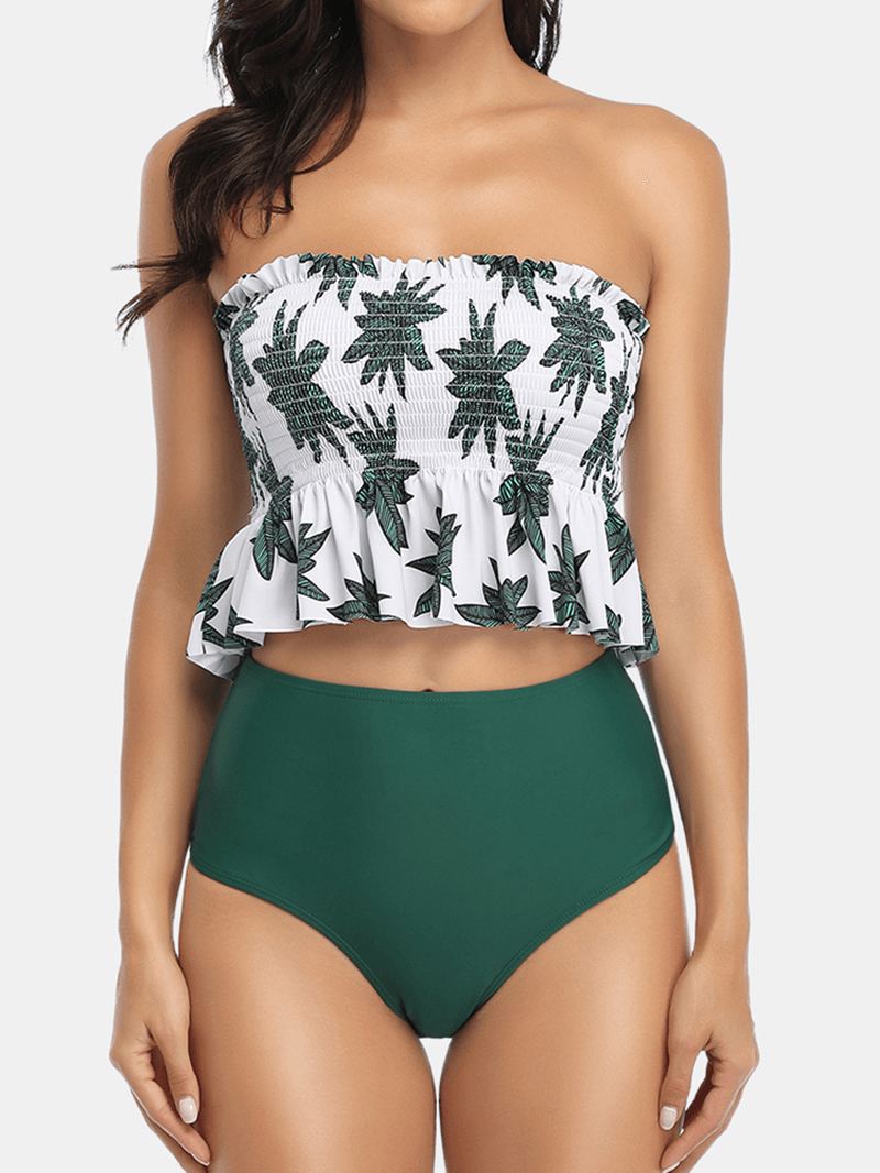 Hawaii Style Kvinder Tropical Leaves Med Tryk Flæser Hem Beach High Waist Bikini