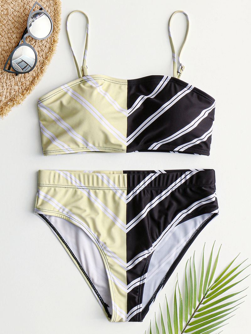 Kvinder Chevron Solid Color Patchwork Højtalje Bikini Beach Badedragt