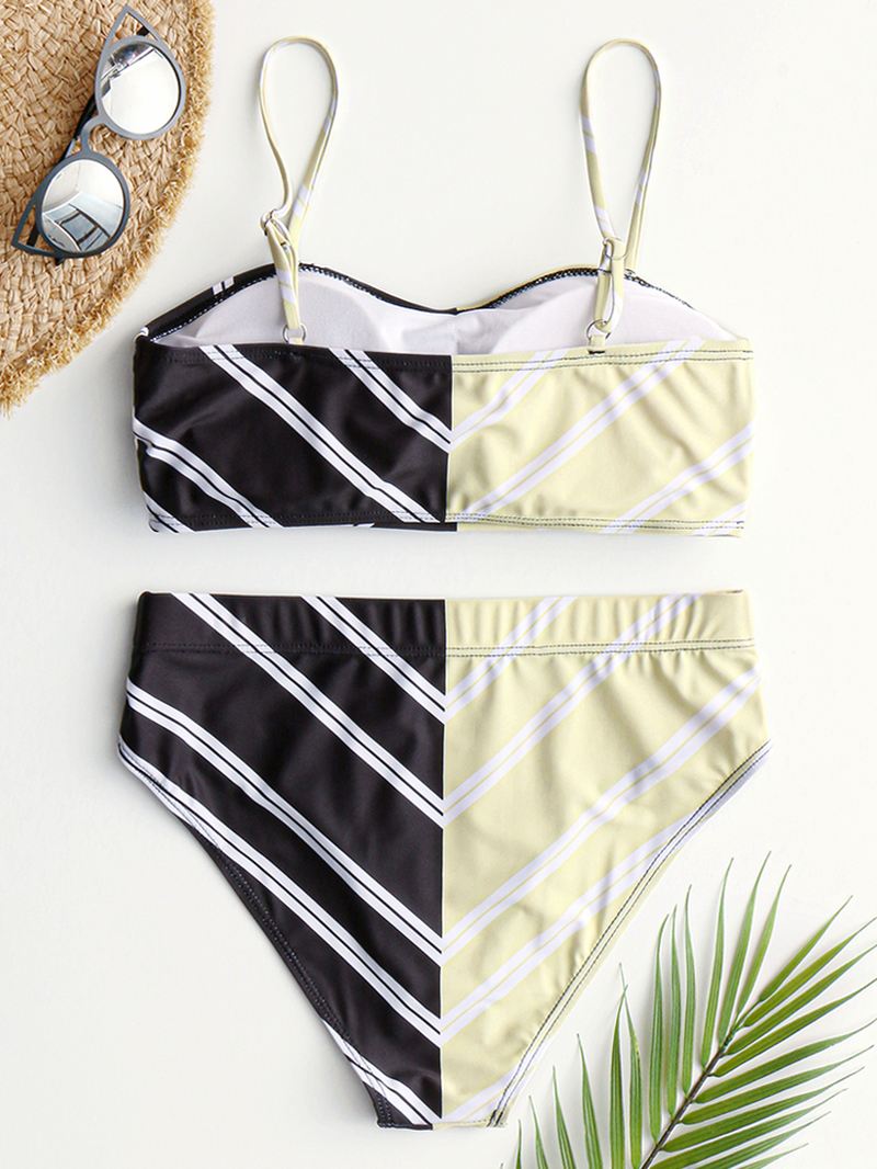 Kvinder Chevron Solid Color Patchwork Højtalje Bikini Beach Badedragt