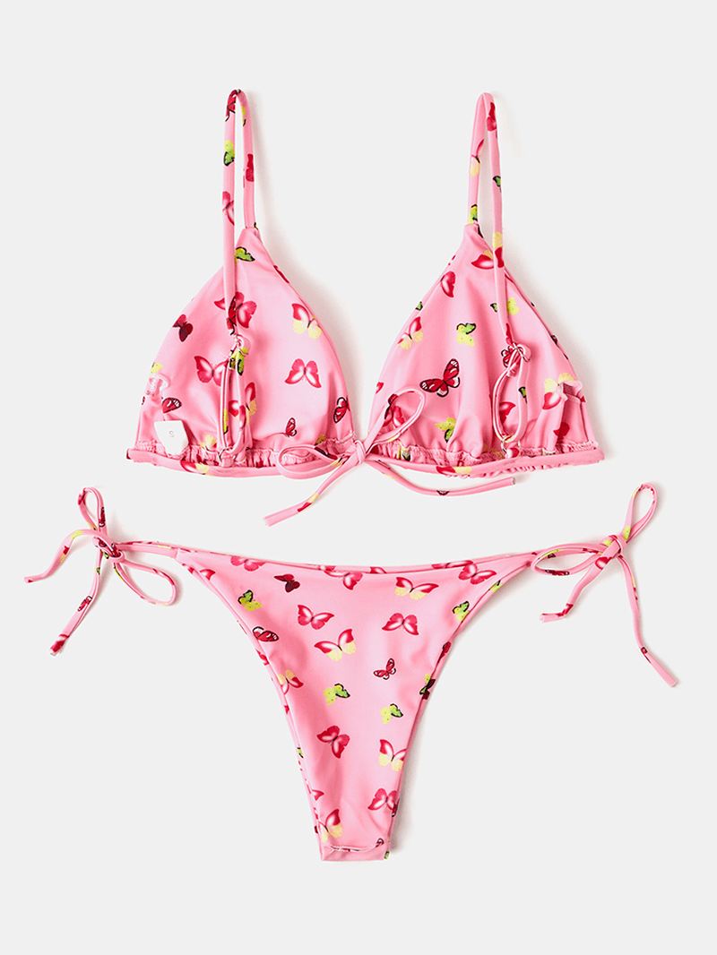 Kvinder Farverige Butterfly Med Tryk Spaghetti Straps Rygløse Thong Bikinier