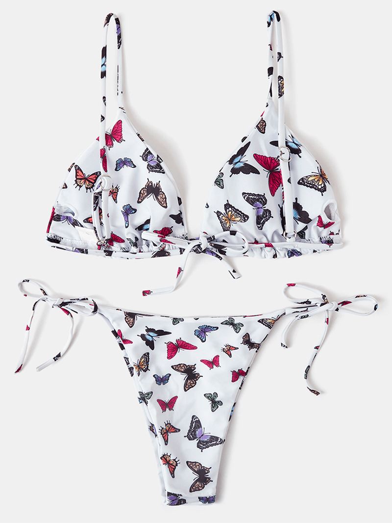 Kvinder Farverige Butterfly Med Tryk Spaghetti Straps Rygløse Thong Bikinier