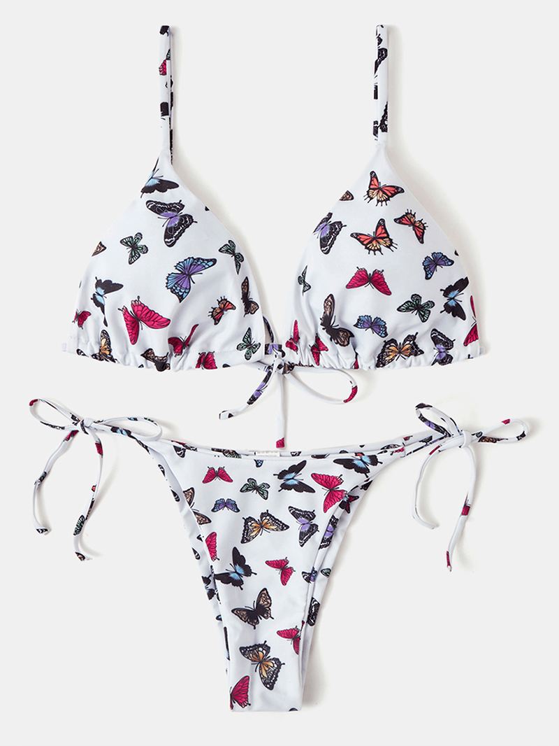 Kvinder Farverige Butterfly Med Tryk Spaghetti Straps Rygløse Thong Bikinier