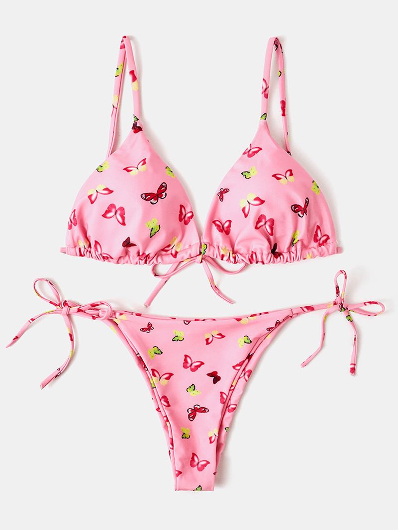 Kvinder Farverige Butterfly Med Tryk Spaghetti Straps Rygløse Thong Bikinier