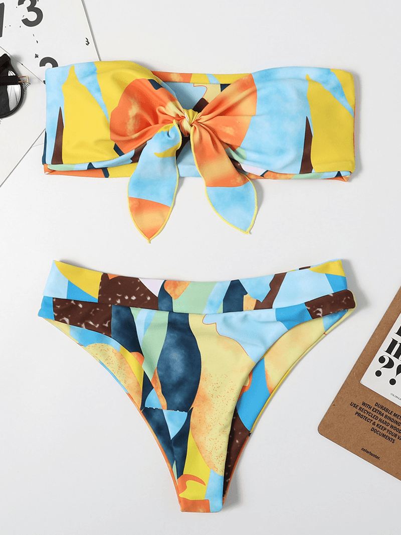 Kvinder Farverigt Med Tryk Tie Front Bandeau Stropløse Bikinier Med Thong