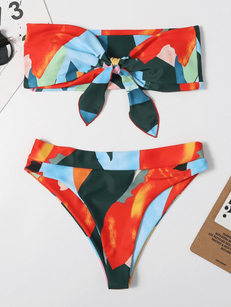 Kvinder Farverigt Med Tryk Tie Front Bandeau Stropløse Bikinier Med Thong