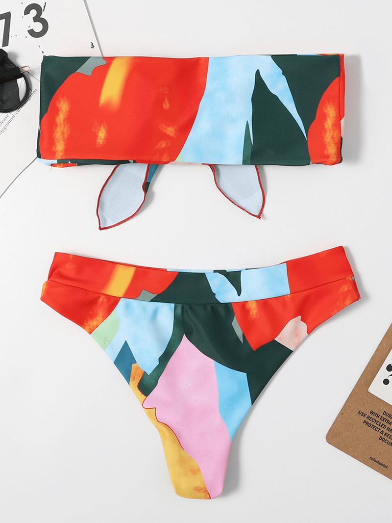 Kvinder Farverigt Med Tryk Tie Front Bandeau Stropløse Bikinier Med Thong