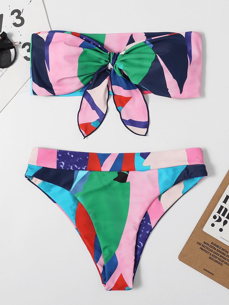 Kvinder Farverigt Med Tryk Tie Front Bandeau Stropløse Bikinier Med Thong