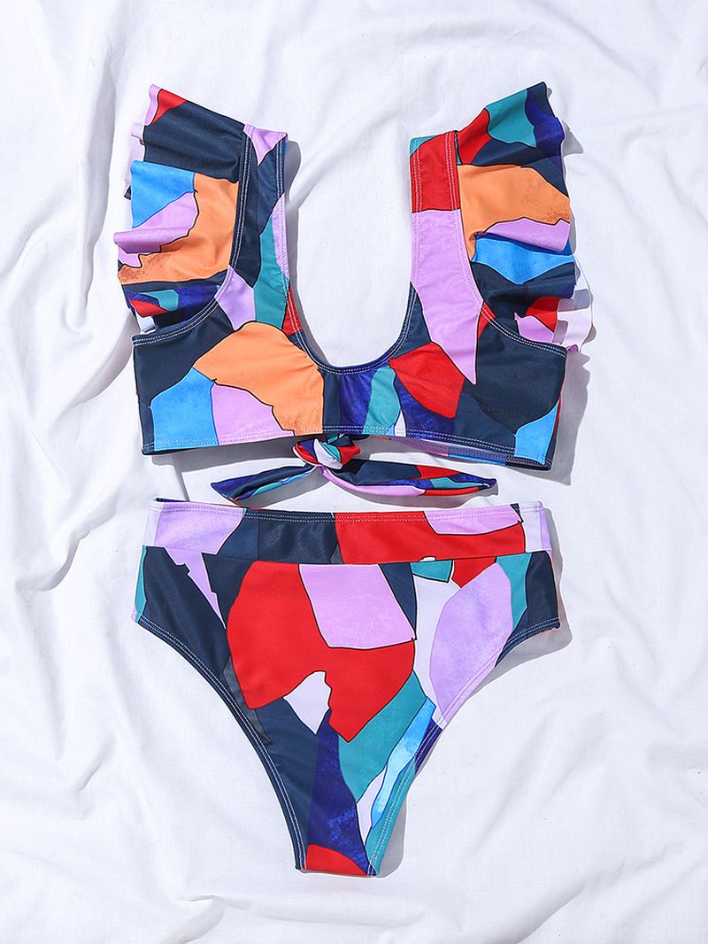 Kvinder Geometri Med Tryk Flæser Knot High Waist Beach Bikini