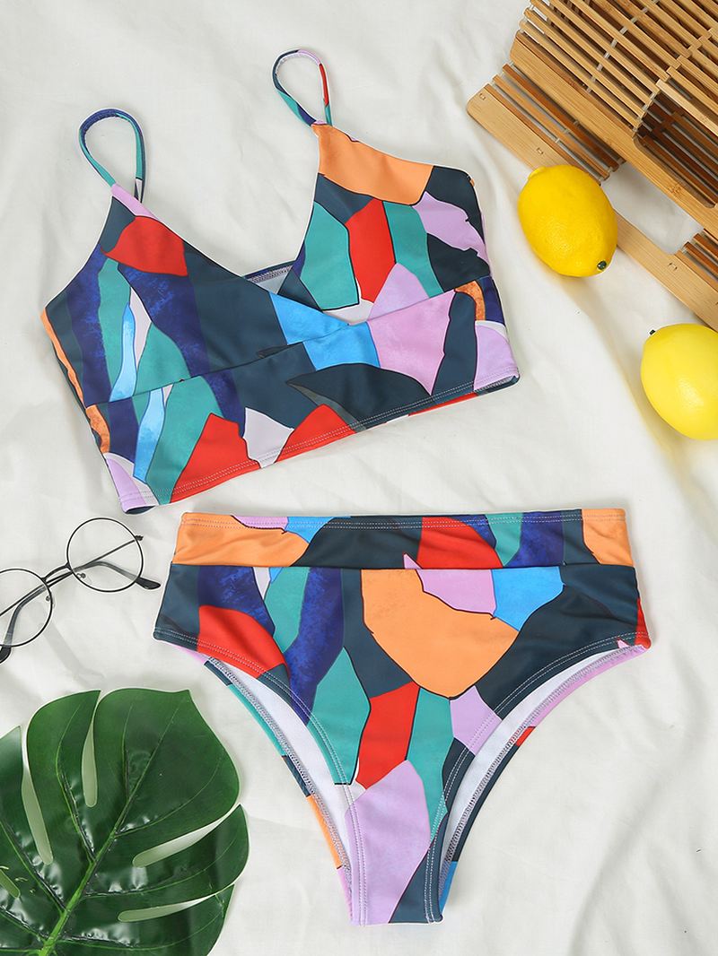 Kvinder Geometri Med Tryk High Waist Bikini Spaghetti Straps Badetøj