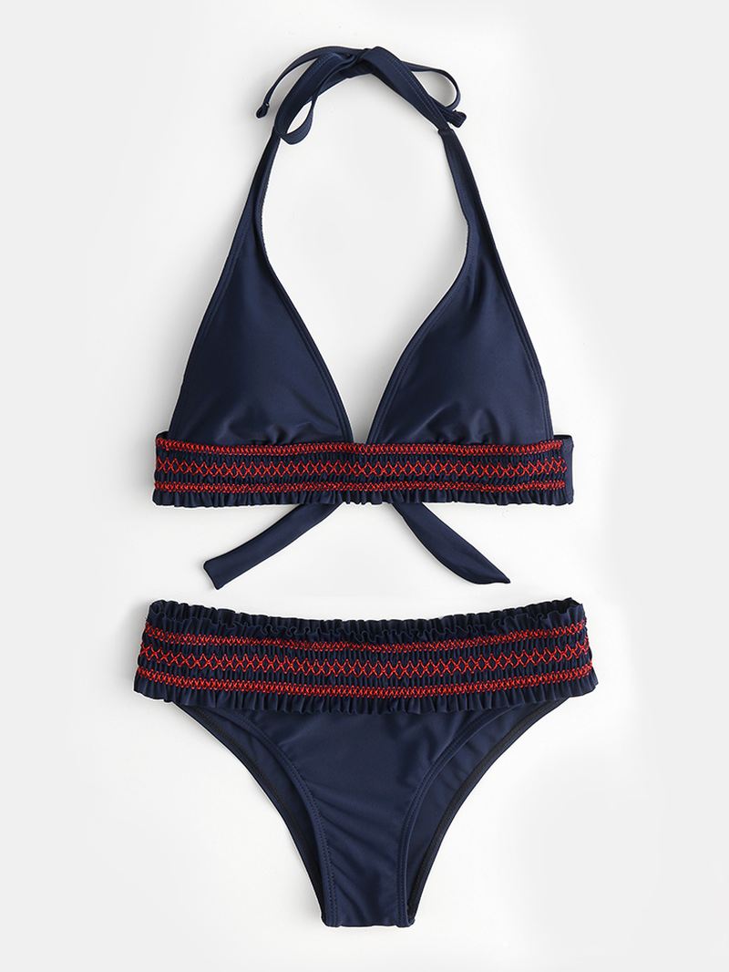 Kvinder Halter Bikini Flæsede Trim Triangle Plain Badedragt