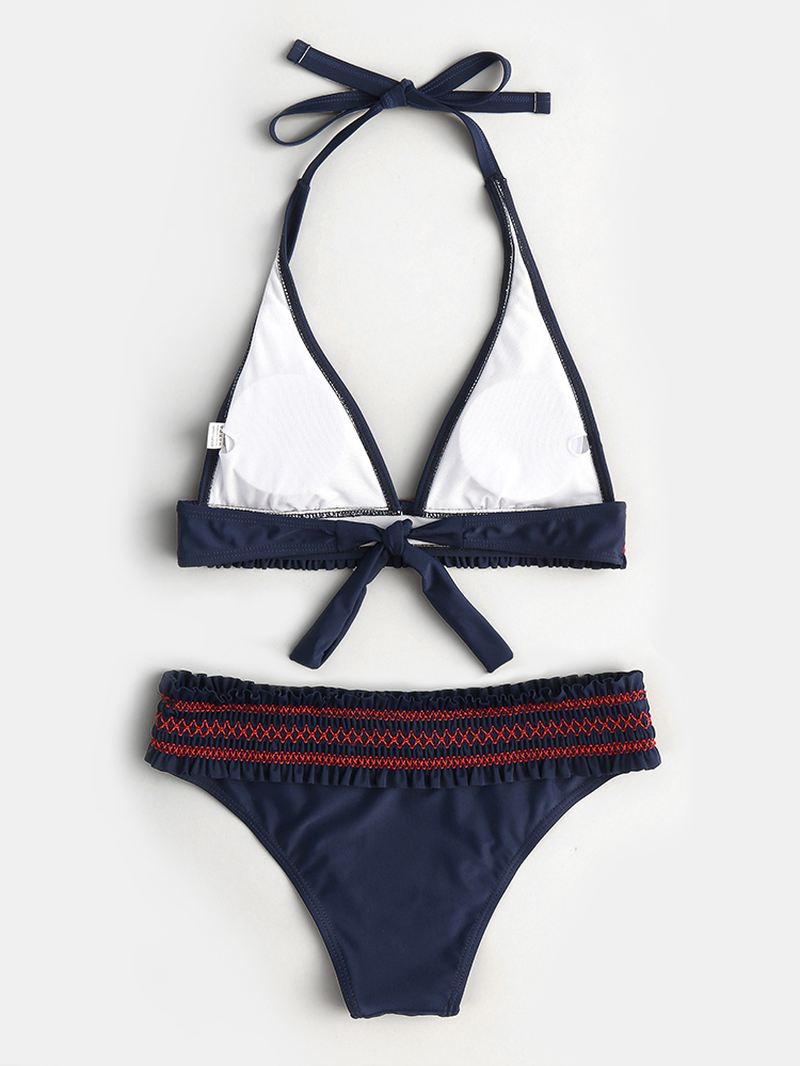 Kvinder Halter Bikini Flæsede Trim Triangle Plain Badedragt